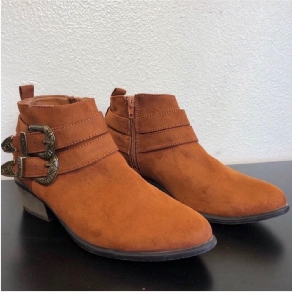 Bamboo Brown Faux Suede Buckle Ankle Boots
